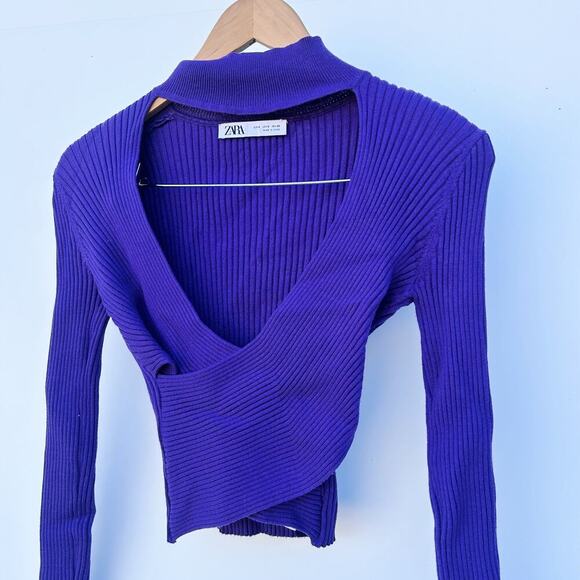 Zara Choker Cropped Rib Knit Cut Out Wrap Sweater Purple Small Top Long Sleeve - Picture 5 of 10